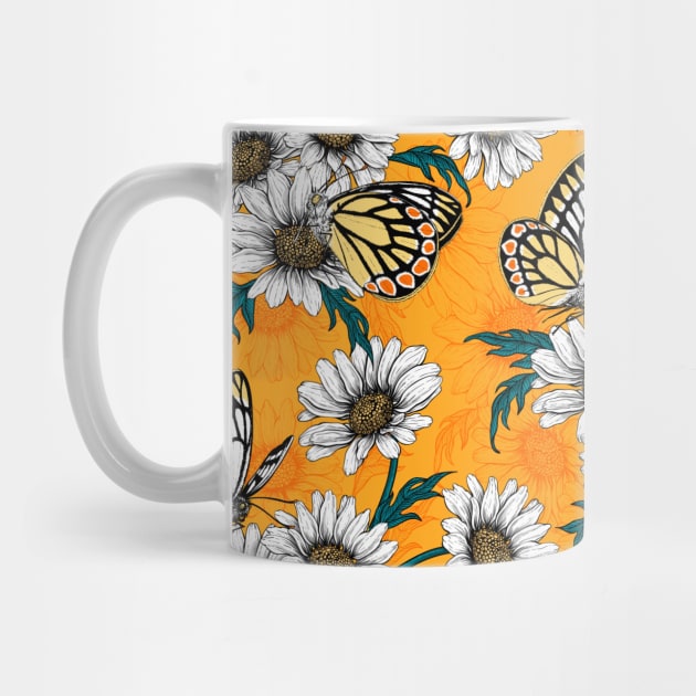 Jezebel butterflies and daisy flowers on orange by katerinamk